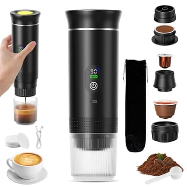 VHV Cafetière Portable 3 en 1,Rechargeable Cafetière Portable de Voyage,12V Expresso Machine a Cafe pour Capsule,Café Moulu,pour Camping,Bureau,Voyage, Maison, Voiture (Noir)