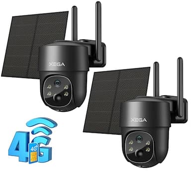 Xega【2 Pièces 4G LTE Caméra Surveillance Solaire avec Carte Sim, 2K HD 4G Caméra Extérieure sans Fil Inclinable à 355°/90°, Camera Autonome sans WiFi,Vision Nocturne,Détection de Mouvement (Non WiFi)