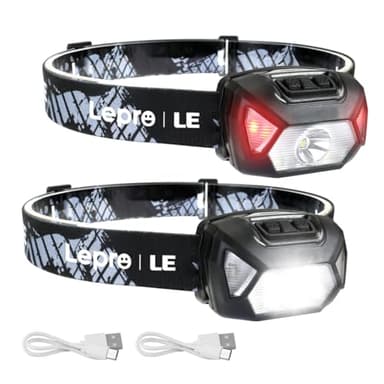 Lepro Lampe Frontale LED Rechargeable Puissante, D5000 Super Lumineux Torche Frontale LED 2000Lux Lumière Blanche et Rouge 6 Modes d'Éclairage IPX4 pour Course, Pêche, Cyclisme, Camping - 2 Pcs