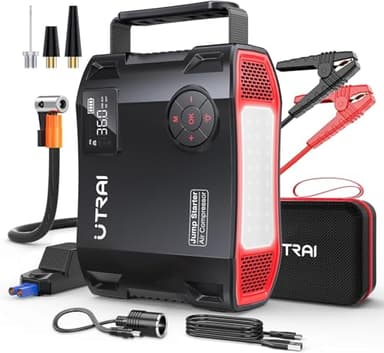 UTRAI 8000A Booster Batterie Voiture, 27000mAh Demarreur Batterie Voiture avec 1600 Lumens LED, Gonfleur, Sortie CC 160 W, 18W Charge Rapide, Jump Starter Portable (Tous Gaz ou 12L Diesel)