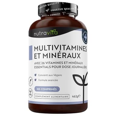 Nutravita Multivitamines et Minéraux - 365 Comprimés (12 Mois) 26 Nutriments dont Zinc Fer Selenium Vitamine C A B D3 E K - Vitamines, Minéraux et Compléments Vegan Haute Absorption