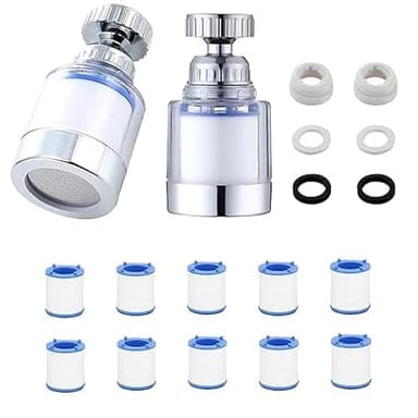 Lot de 2 Filtre à Eau pour Robinet 360°,Filtre à Eau pour Robinet avec 10 Éléments Filtrants Interchangeables en Coton,Détartreur de Robinet pour la Cuisine,L'évier,la Maison et la Salle de Bain