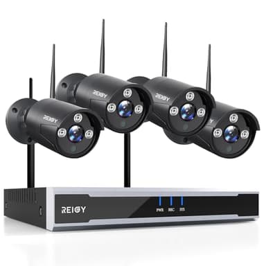 3MP Kit Camera Surveillance WiFi Exterieure Enregistrement Audio, REIGY Système Videosurveillance IP, 16CH NVR + 4X 1296P Camera Intérieux/Extérieur, Vision Nocturne IP66 Imperméable sans HDD