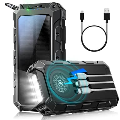 56800mAh Batterie Externe Solaire: 30W PD 3.0A USB C Power Bank Charge Rapide avec 4 Câbles, 6 Sorties/3 Entrées, 15W Chargement sans Fil, Lampe de Poche, Voyant LED, Chargeur Externe pour Téléphone