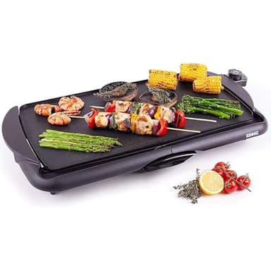 Duronic GP20 Plancha électrique antiadhésive XL 6 à 8 personnes 2000W 52 x 27 cm avec thermostat et bac à jus amovible Cuisson sans ajout de matière grasse idéal pour soirée en famille et amis