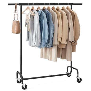 SONGMICS Portant à Vêtements avec roulettes, Tringle Extensible pour Charge Lourde, Capacité de Charge 130 kg, 45 x (110-150) x 162,9 cm, Porte-Manteau, en Métal, Chromé, Noir Mat HSR011B01