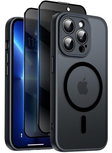 Qasyfanc Coque Magnétique pour iPhone 13 Pro Max 6,7 Pouces avec 2 Verre Trempé Anti-Espion, Compatible avec MagSafe, Étui Mat Translucide Arrière Housse Antichoc Anti-Rayures, Noir