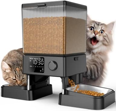 oneisall 5L Distributeur Croquettes Chat Automatique 2 Bols Mangeoire Automatique pour Chat à Un Bouton Fonctionnement Facile Mangeoire
