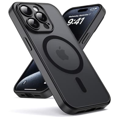 Oududianzi-Coque pour iPhone 15 Pro Max Compatible avec MagSafe Magnétique, Housse de Arrière Translucide Givrée PC, TPU Silicone Bumper Étui Protection Antichoc Militaire Anti-Empreintes-Noir