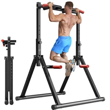 WATBKHE Chaise Romaine Power Tower Dip Station, Barre de Tractions Pliable Musculation, Hauteur Réglable, Structure triangulaire, pour Entraînement à Domicile (Noir - Multifonction)