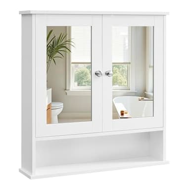 VASAGLE Armoire Murale, Meuble Salle de Bain, Placard de Rangement, Armoire Suspendue, 2 Portes-miroir et Compartiment Ouvert, Étagère Réglable, 13 x 56,5 x 58,5 cm, Blanc LHC002