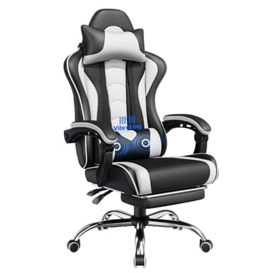 Yaheetech Chaise Gaming Ergonomique Massante avec Repose-Pieds Inclinable Rembourré en Similicuir, Fauteuil de Bureau avec Appui-tête et Support Lombaire Roues Pivotantes Blanc