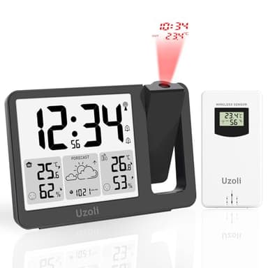 Uzoli EM3539E Réveil à Projection au Plafond avec Station météo, Horloge Radio-piloté, Projecteur Rotatif 180°, Température, Humidité, Prévisions météo, Niveaux de Confort, 1 capteur extérieur