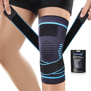 Genouillère Sport pour Homme et Femme, Réglable Genouillere de Compression Pour Arthrose, Ligamentaire, Déchirures du Ménisque, ACL/ MCL, Soulagement Douleur Genou, Course, Attelle Genou Bleu Lac XL