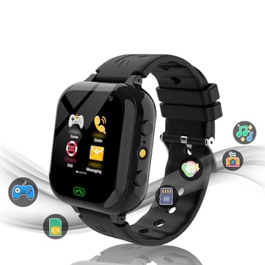 Montre Connectée Enfant avec Carte SIM Montre Telephone avec Sim Appel SMS SOS 25 Jeux Appareil Photo Podomètre Réveil Montre Connectée avec Carte Sim Cadeaux de Noël Pour Garçons Filles Noir