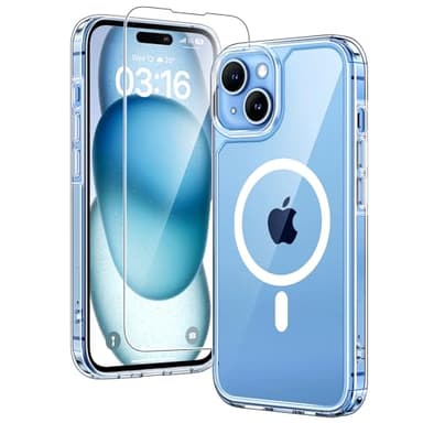 TAURI Coque Magnétique pour iPhone 15 avec Protection écran, [Compatible avec MagSafe] Protection Militaire Anti-Choc Mince - Transparent