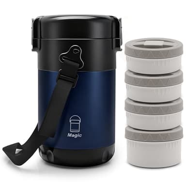 KATLKIU Thermos Alimentaire Chaud avec 4 Compartiments Séparés, Boîte Isotherme Repas 2.6L, Gamelle Isotherme pour Repas Chaud, TTravail, Étudiants, Travailleurs, Avec Couverts et Sac Isotherme(Bleu)
