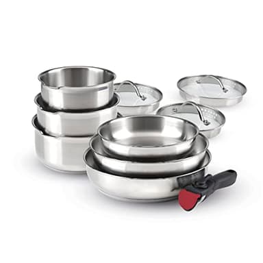 Qulinart by Brandt - Batterie de Cuisine à Induction 10 Pièces - Set de 3 Casseroles, 3 Poêles et 3 Couvercles Passoires avec Poignée Amovible - Acier Inoxydable - Lot pour Tout Feu - Argenté