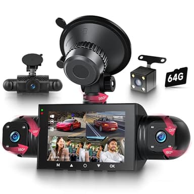 4 Canaux 360° Dashcam Voiture, 1080P 4 Caméra Avant et Arrière Gauche Droite avec 64G Carte, 3" Dash Caméra Vision Nocturne/Vidéo en Boucle/G-Sensor/Moniteur de Stationnement 24H/Aide au Stationnement
