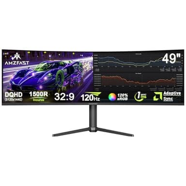 Amzfast Ecran Pc Gamer Incurvé 49 Pouces, 120Hz, DQHD(5120x1440), 32:9 Ultrawide Moniteur, 1MS MPRT, Eyes Care, sRGB 120%, Adaptive Sync, HDR, HDMI 2.0 * 2/DP 1.4 * 2, VESA 75x75, PIP/PBP, AMZG49C7U