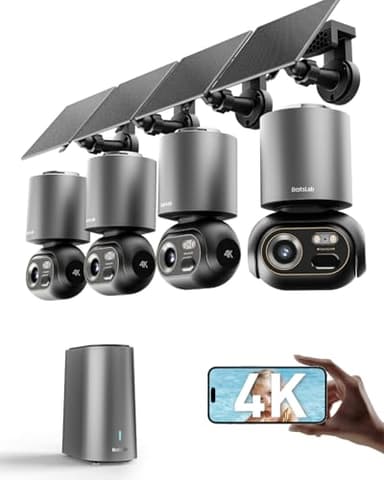 BOTSLAB 4K 8MP Camera Surveillance Exterieure sans Fil, 4 Cam-Kit, Zéro Frais, 360° Panoramique PTZ, 8MP WiFi Solaire Caméra Exterieur à Batterie, Vision Vocturne,Stockage Local de 32 Go