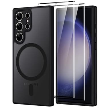 Oelrstfe pour Samsung Galaxy S23 Ultra 5G Coque Compatible avec MagSafe avec 2 Verre Trempé, Magnétique Etui Translucide Mat Arrière Housse, d'objectif Tout Compris Ultra Fine Antichoc Case, Noir