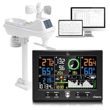 Urageuxy 7-en-1 Station Meteo Intérieur Extérieur San Fil 7,6" Avec DCF, Station Météo Avec Pluie, Vent, Température, Humidité, Prévisions, Pression pour Jardin et Balcon, Logiciel Windows