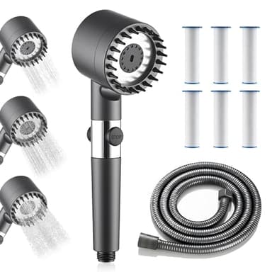 Pommeau de Duche Haute Pression, Pommeau de douche haute pression avec tuyau 1.5M & 6 Cartouche Remplaçable, Douchette douche salle de bain avec 3 Modes de Jet, Bouton d'Arrêt Instantané, Gris