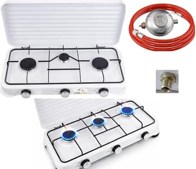 SMH LINE® Réchaud à gaz de camping 3 feux avec tuyau et régulateur - Gaz propane 5,4 kW - Plaque de cuisson de camping - Réchaud d'extérieur - Réchaud de table XL