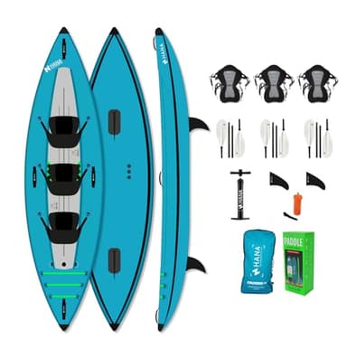 HANA Cruiser 2/3P Kayak Gonflable – Pack Complet 2 ou 3 Places – Canoë Familial Stable & Robuste – Plancher Dropstitch – Inclus : 3 Pagaies, 3 Sièges, Pompe, Sac – Idéal Mer, Lac & Rivière – 380cm