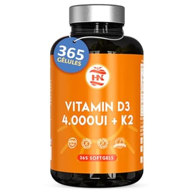 Vitamine D 4000 UI Vitamine D3 K2. 365 Capsules Vitamin D3 hautement concentrée Soutient les fonctions immunitaires et osseuses grâce à la Vitamin D3 K2 hautement dosée