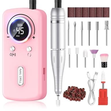 Ponceuse à Ongles Professionnel 45000 tr/min - Ponceuse pour Ongles en Gel et Acrylique Rechargeable avec 11 Embouts, Écran LCD - Portable pour Salon et Maison, Rose