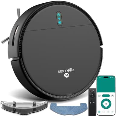 SereneLife Robot Aspirateur Laveur 3-in-1 – Auto-Recharge, Anti-Chute, Nettoyage Automatique, Robot Laveur pour Sols Durs, Tapis et Poils Animaux, 3 Modes, Noir