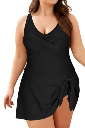 SHEKINI Maillot de bain une pièce pour femme, grande taille, ventre plat, col en V, maillot de bain une pièce Criss Cross Modest, Noir , 5XL