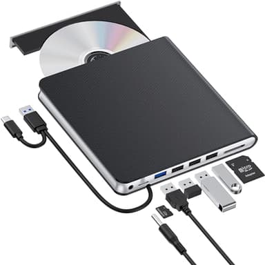 Lecteur CD DVD Externe USB 3.0 & Type-C Lecteur DVD Externe avec 4 USB & SD/TF, Graveur DVD RW Lecteur CD Externe pour Ordinateur Portable, PC, Bureau, MacBook, iMac, Windows 11/10/8/7/XP/Linux/Vista