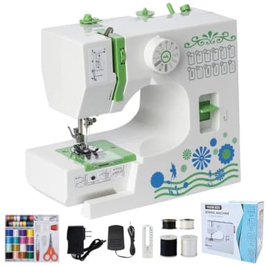 Machine à Coudre Portable Débutant, Qoosea 12 Modèles de Points Sewing Machine avec Kit Accessoires et Lumière LED, Multifonction Petite Machine à Coudre électrique pour DIY et Vêtements Vert