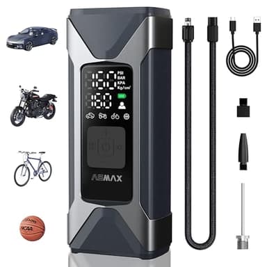 ASMAX Compresseur à Air Portatif 7500mAh, 11 BAR/160 PSI Gonfleur Pneus Voiture, 4 Unités Bar, PSI, kPa, KG/CM, pour Voiture, Moto, Vélo, Ballon, Lampe d'urgence & Batterie Externe Mobile - T10