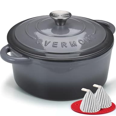 Overmont Cocotte en Fonte Émaillée - Ø28 cm Casserole Antiadhésive Avec Couvercle et Maniques en Coton - Batterie de Cuisine Robuste pour Braiser Ragoûts Rôtir Pain - Gris ardoise