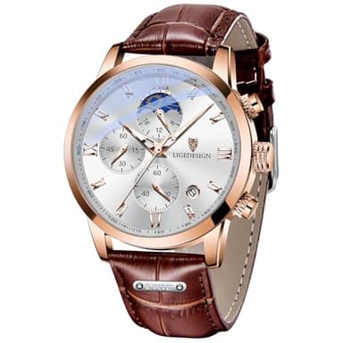 LIGE Montre Homme, Montres Bracelet Quartz Analogique, Cadran Chronographe Jour-Lune, Bracelet en Cuir, Aiguilles Luminescentes, Affichage de la Date, Étanche 3 ATM, Style Outdoor Décontracté, Noir