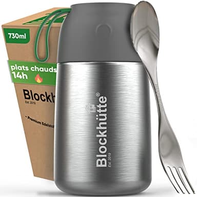 Blockhütte Thermos isotherme 730ml En inox Avec Cuillère et Fourchette - Thermos Alimentaire Chaud idéal Pour Le Travail - Boite Alimentaire isotherme Avec Sac de Transport - Lave-Vaisselle