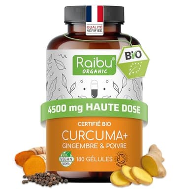 Curcuma gingembre poivre noir 4500mg, 180 gélules de curcumine bio - curcuma bio gelule anti inflammatoire, bien-être articulaire, santé du foie, immunité - testé en laboratoire, Raibu