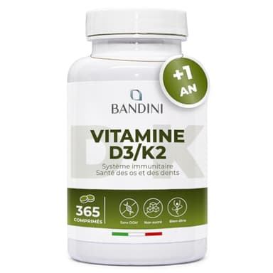 Bandini® Vitamine D3 K2 (MK7) Extra Fort 365 Comprimés (1 An) | 2000 UI Cholécalciférol + 200 mcg Ménaquinone | Pour les Os, les Muscles, le Système Immunitaire, les Dents | Vitamines D3+K2 MK-7