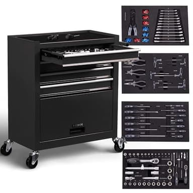 AREBOS Chariot d'atelier avec 4 Compartiments | 4 tiroirs à roulement à Billes avec 81 pièces d'outils | équipé de Tapis antidérapants | 2 roulettes avec Frein de Blocage | Noir