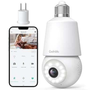 Codnida Camera Surveillance WiFi Intérieur/Extérieure sans Fil,2K Ampoule Camera Surveillance WiFi,Caméras de Surveillance avec Douille de Lampe E27,Sirène et Alarme Lumineuse,Vision Nocturne Couleur