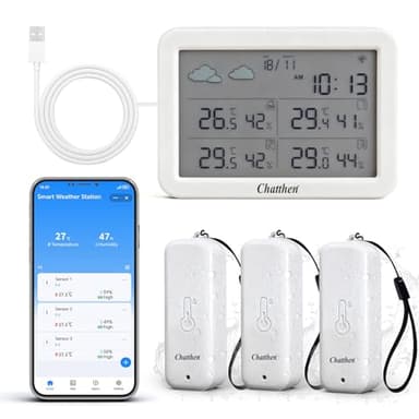 Chatthen Station Meteo Connectée, Station Meteo Interieur Exterieur sans Fil WiFi, Thermometre Interieur Exterieur avec Date et Prévision Météorologique, 1 écran et 3 Capteurs Extérieurs