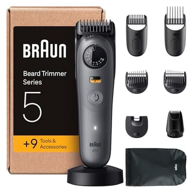 Braun Tondeuse À Barbe Series 5, + 9 Outils Pour Créer Son Style, Lame Ultra-Affûtée, 120 Min D'autonomie, 40 Longueurs, Étanche, Molette De Précision Et Verrouillage, BT5565, Gris