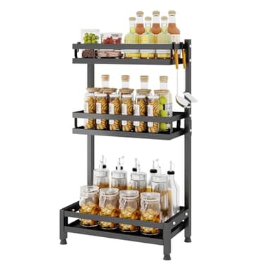 Mointal Support à Épices pour Cuisine, Etagère de Stockage d'Épices à 3 Niveaux, Etagère de Stockage d'Épices pour Condiments, Rangement d'Épices, Support de Pot d'Épices avec 4 Crochets, Noir