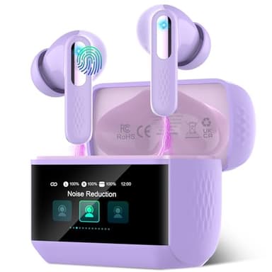 Ecouteurs Bluetooth sans Fil, Écouteur Bluetooth 5.4 avec Écran Tactile Multifonction, Stéréo Immersif Ecouteurs sans Fil avec Réduction du Bruit ANC/Mode Transparence/Mode 5 EQ, IP7 Étanche,Violet