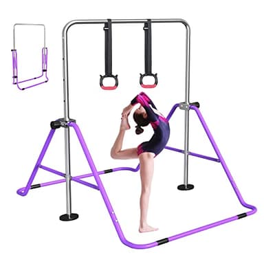 FBSPORT Barre de Gymnastique Enfant Pliable avec Hauteur Réglable Et Anneaux, Barre de Gym Intérieur Exterieur pour Junior Enfants à Domicile