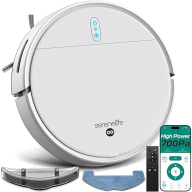 SereneLife Robot Aspirateur Laveur 3-in-1 – Auto-Recharge, Anti-Chute, Nettoyage Automatique, Robot Laveur pour Sols Durs, Tapis et Poils Animaux, 3 Modes, Blanc